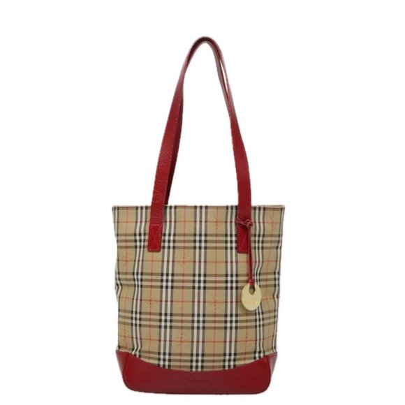 Burberrys Nova Check Tote Bag Canvas Leather Beige Gold Red Auth 94015 - Picture 1 of 15